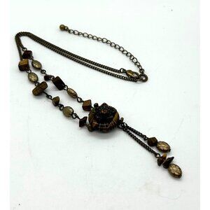 Nina Ricci For Avon Tiger Eye Necklace Dangle Floral  Vintage Brass-tone
